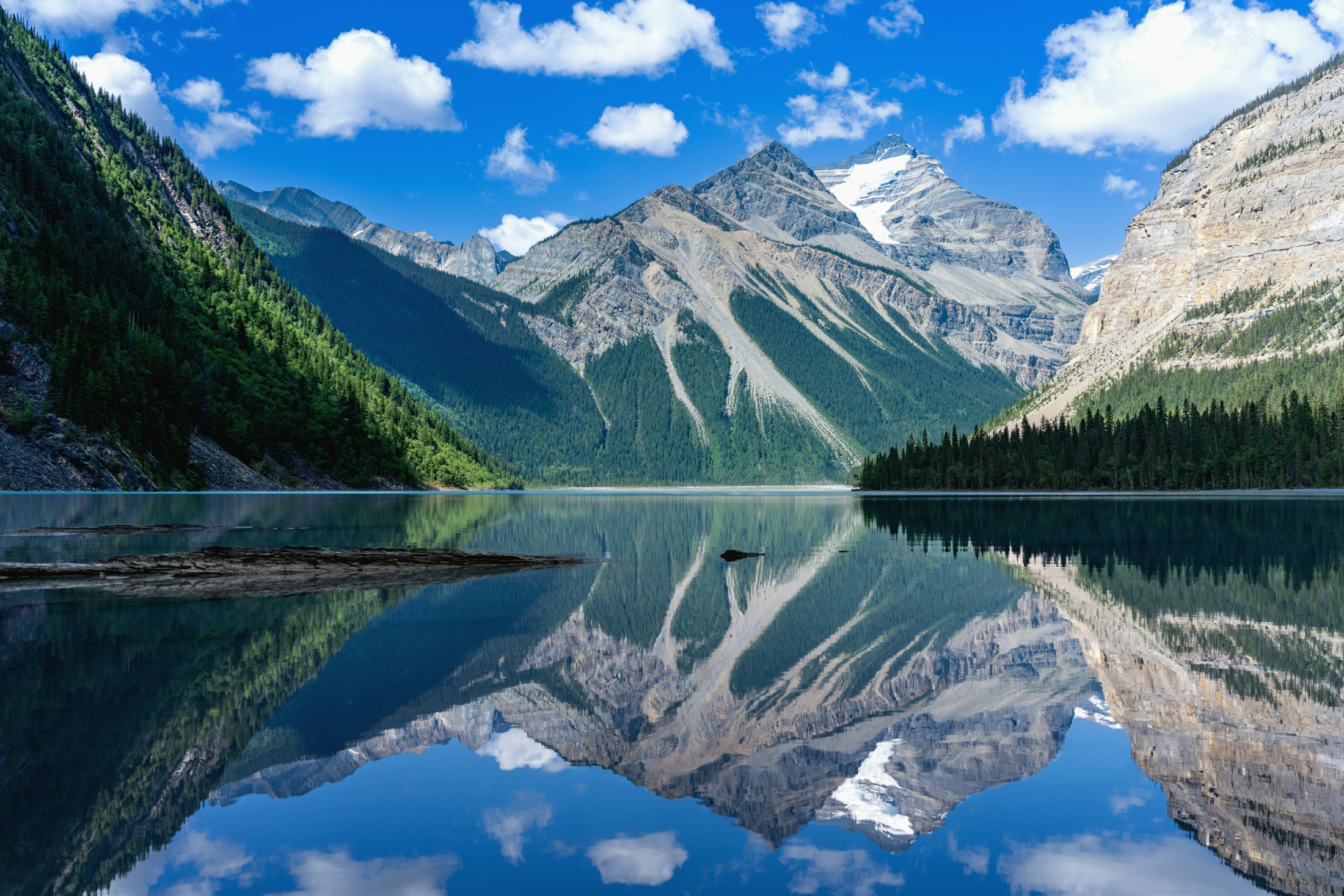 A pristine mountain lake reflecting the peaks of British Columbia