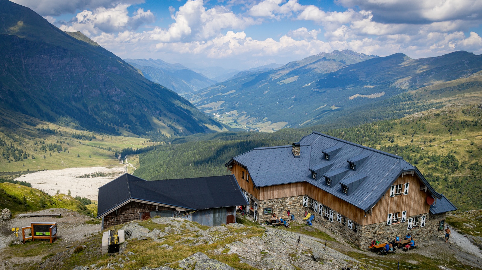 Remote alpine lodge surrounded by mountain peaks